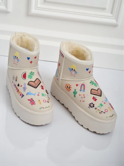 Lemuria Boots - Cream Doodle Snow Boots on a Chunky Furrini Sole