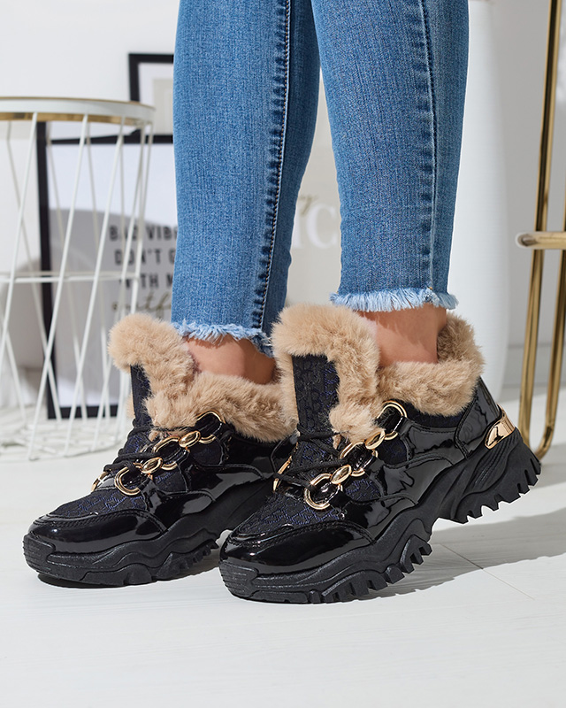 Спортивные лакированные черные женские кроссовки с мехом Axili- Footwear