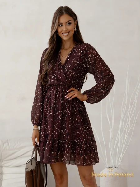 Royalfashion Raštuota moteriška mini suknelė su raukiniais ir užsegama priekyje
