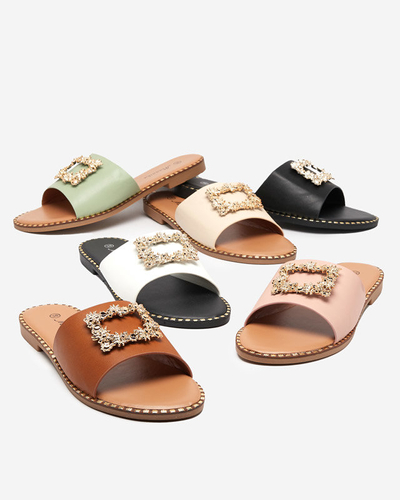 Белые элегантные женские тапочки с золотым орнаментом Meriso - Обувь