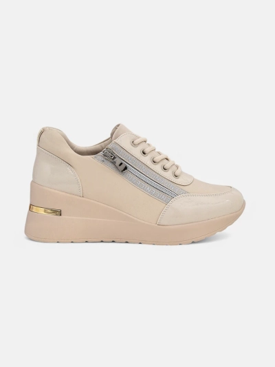 Damskie sneakersy koturny HeraBea beżowe z eko skóry 6,5 cm z zamkiem