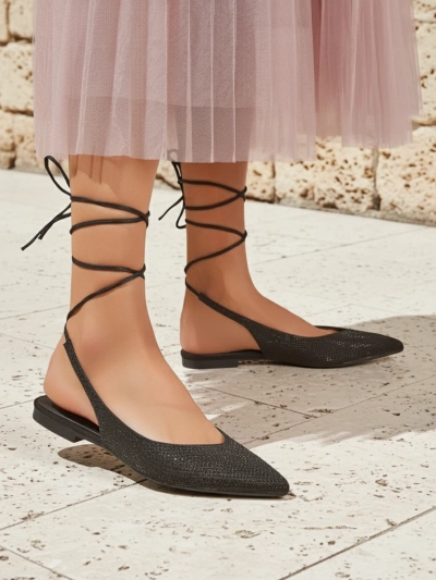 Damiane Nero Sandals - Black Tie-Up Ballerinas with Fabric and Flat Heel