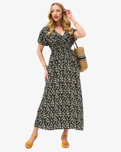 Juoda gėlėta midi ilgio moteriška suknelė - Apranga