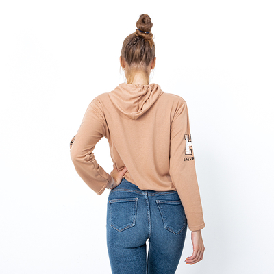 Šviesiai rudos spalvos moteriški megztiniai su gobtuvu su užrašais - Drabužiai