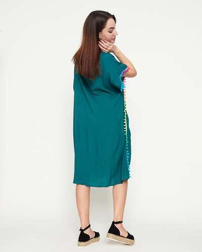 Tamsiai žalia moteriška vasaros paplūdimio tunika su pomponais - Drabužiai