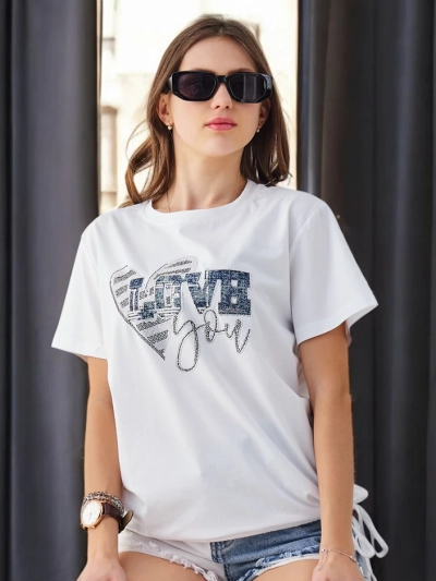 Royalfashion Moteriška medvilninė T-marškiniai MEILĖ su deimantais