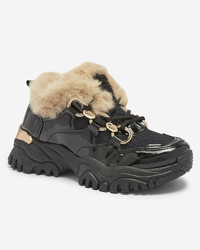 Спортивные лакированные черные женские кроссовки с мехом Axili- Footwear