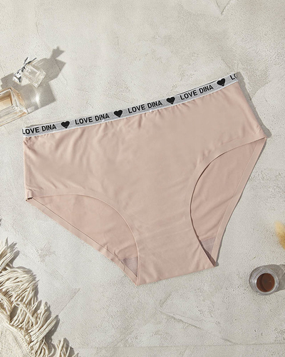 Бежевые женские трусы с декоративной полосой с надписями - Нижнее белье