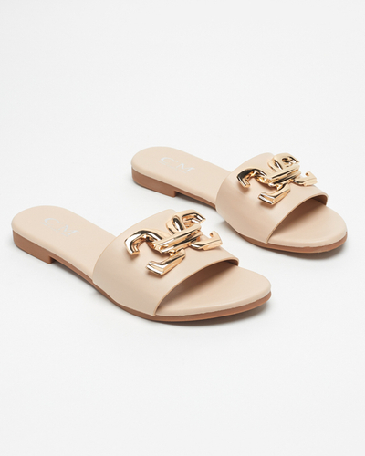 Smėlio spalvos moteriškos eko odos šlepetės su auksiniu ornamentu Simore - Avalynė