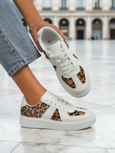 Calista Leopardia Women's Sneakers – White Eco-Leather Fabric Spring 4cm