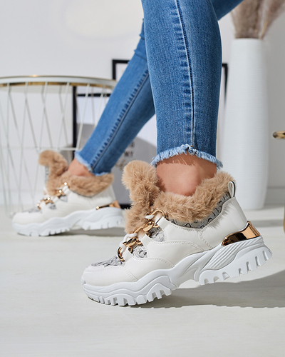 Спортивные лакированные белые женские кроссовки с мехом Axili- Footwear