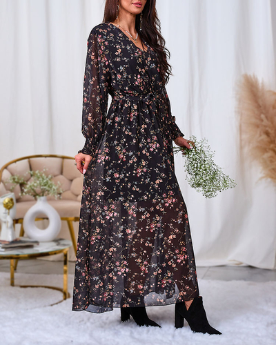 Royalfashion Juoda ir rožinė tinklinė midi suknelė su raštu