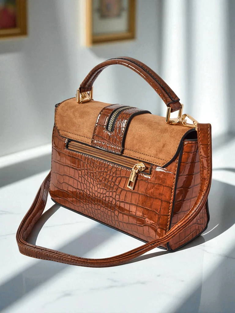 Damska Torebka Callista z ekoskóry zamszowej i skóry patentowej, brązowa