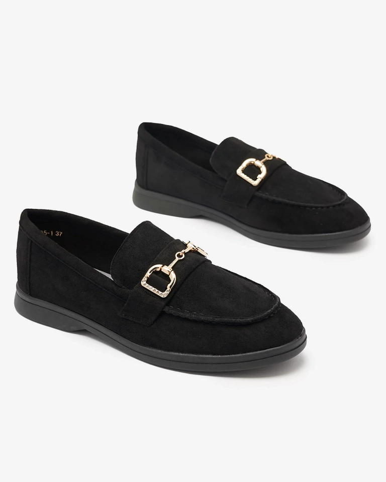 Juodi moteriški mokasinai su aukso puošmena Neterri - Avalynė