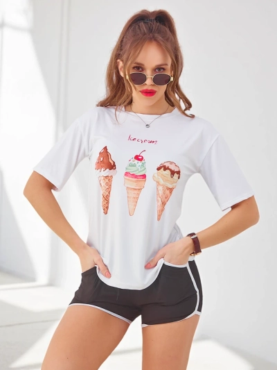 Royalfashion Moteriškas sportinis rinkinys su marškinėliais ir šortais 'Ice Cream'