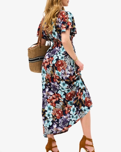 Цветочное темно-синее длинное женское платье - Одежда