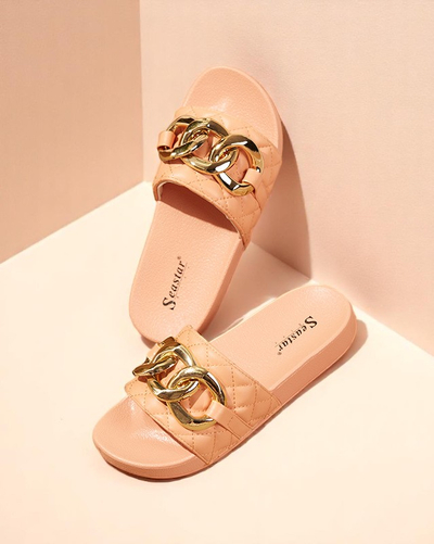 Royalfashion Coral женские стеганые шлепанцы с золотой цепочкой Eteris