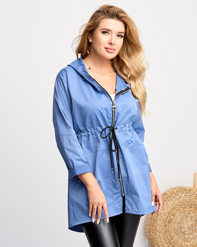 Женская синяя длинная ветровка с завязками на талии - Одежда