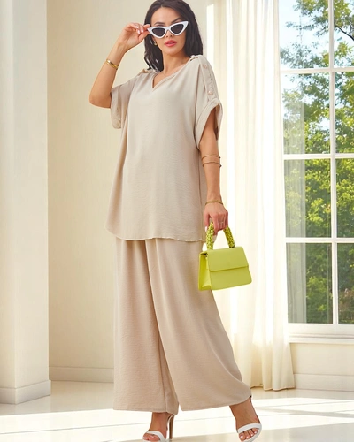 Royalfashion moterų medvilnės komplektas su trumpomis rankovėmis ir platėjančiomis kelnėmis