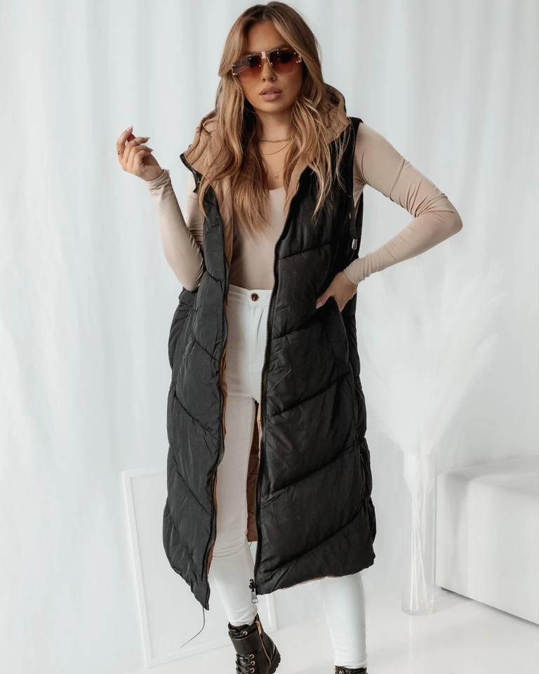 "Royalfashion" Juoda ir kreminė ilga dygsniuota dvipusė liemenė