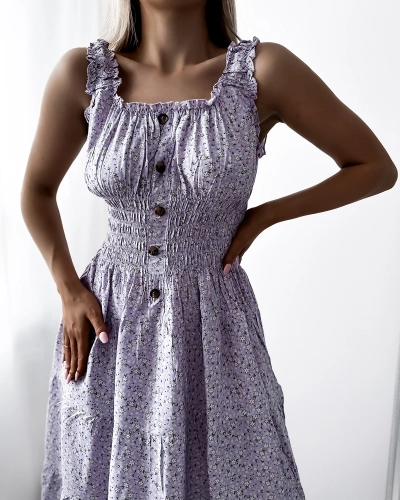 Violetinė moteriška suknelė be petnešėlių su spalvingomis gėlėmis - Apranga