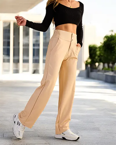 Royalfashion Moteriškos plačios eko odos kelnės