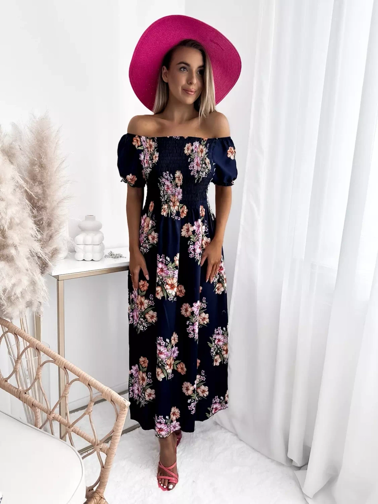 Tamsiai mėlyna moteriška midi suknelė su gėlių raštais - Apranga