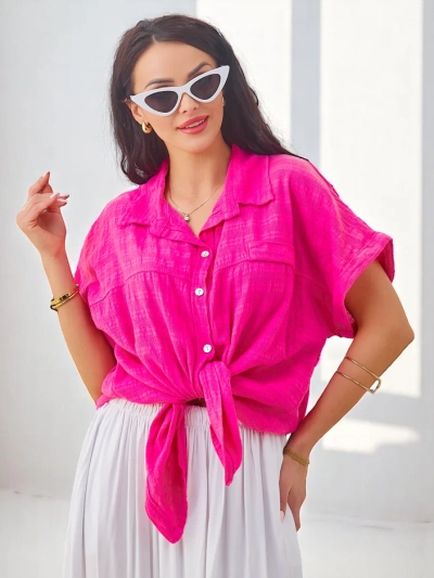 Royalfashion medvilnės moterų marškiniai su reljefiniu raštu ir trumpomis rankovėmis