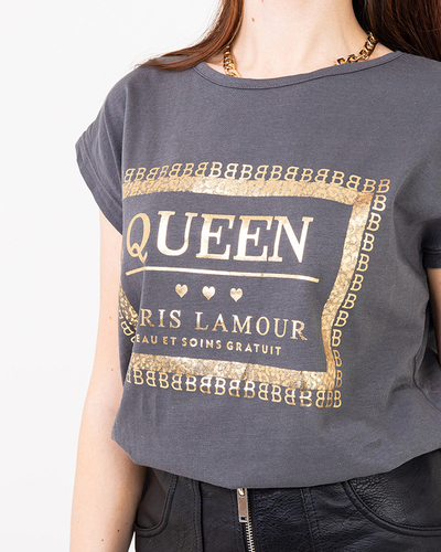 Серая футболка с золотой надписью QUEEN