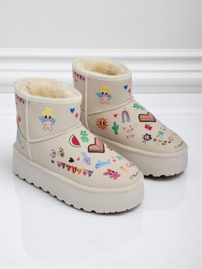 Lemuria Boots - Cream Doodle Snow Boots on a Chunky Furrini Sole