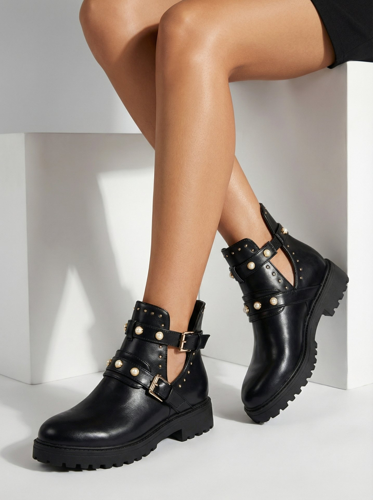 "Royalfashion" Juodi moteriški puošnūs plokščiapadžiai bateliai Pearl Elegance