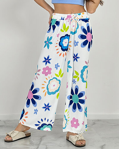 "Royalfashion" Moteriškos plačios gėlėto audinio kelnės