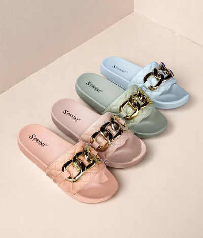 Royalfashion Coral женские стеганые шлепанцы с золотой цепочкой Eteris