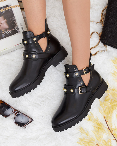 Royalfashion Черные женские украшенные сапоги на плоском каблуке Pearl Elegance