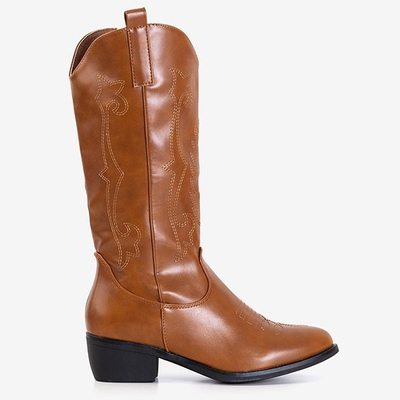 Eko-skórzane kozaki damskie typu kowbojki w camelowym kolorze Peitra - Obuwie