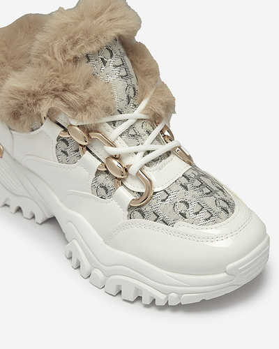Спортивные лакированные белые женские кроссовки с мехом Axili- Footwear