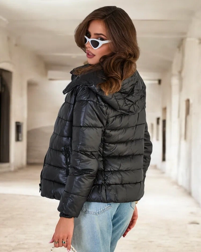 Royalfashion Черная женская стеганая куртка с капюшоном