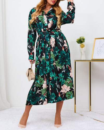 Royalfashion Juodai žalia raštuota moteriška maksi suknelė