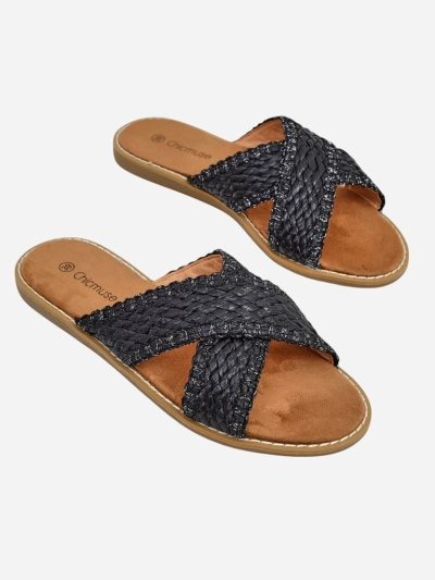 Женские сандалии Calista Nero плоские, черная плетенка, экологическая кожа