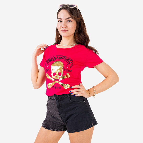 Fuksijos spalvos moteriški blizgučiai marškinėliai su užrašais - Drabužiai