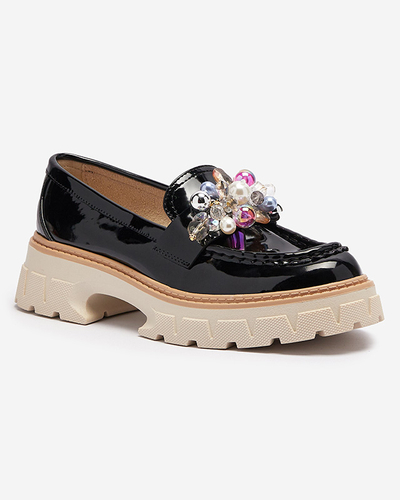 Черные лакированные женские мокасины с орнаментом Leliab- Footwear