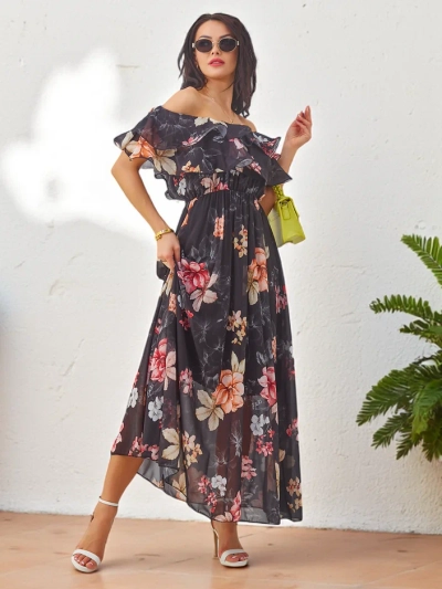 Royalfashion Женское платье с открытыми плечами и короткими рукавами в различных цветочных узорах
