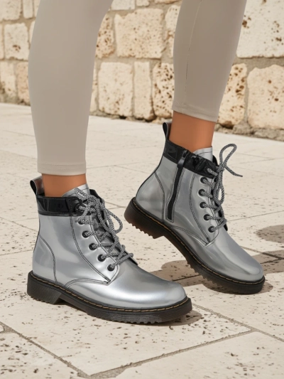 Celestina Eco Patent Leather Silver Ankle Boots with Zipper