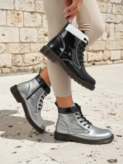 Celestina Eco Patent Leather Silver Ankle Boots with Zipper