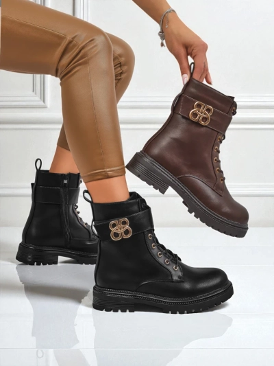 Artemisia Nero leather ankle boots with a round toe, zipper and gold buckle