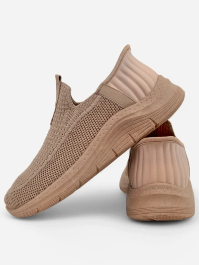 Selene Beige Slip-On Sneakers – Comfy Flat-Heeled Kicks for Ladies