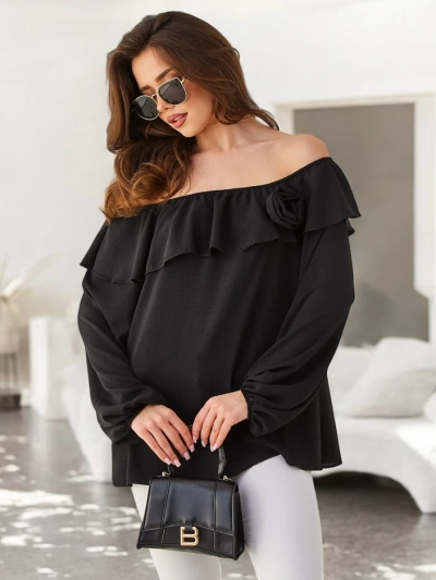 Royalfashion moterims off-the-shoulder bluzoną su volanu ir gėle