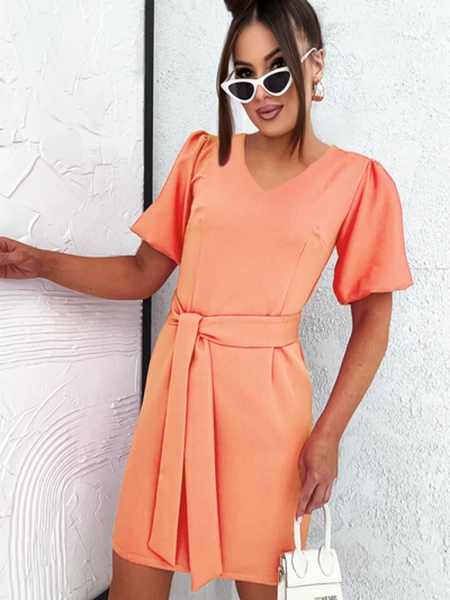 Royalfashion moterų mini suknelė su pūstomis rankovėmis ir V formos iškirpte