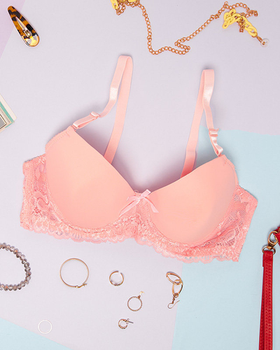 Светло-розовый однотонный гладкий женский бюстгальтер с кружевом - Нижнее белье