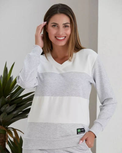 "Royalfashion" Šviesiai pilkas moteriškas džemperio komplektas su dryžuotais lopais